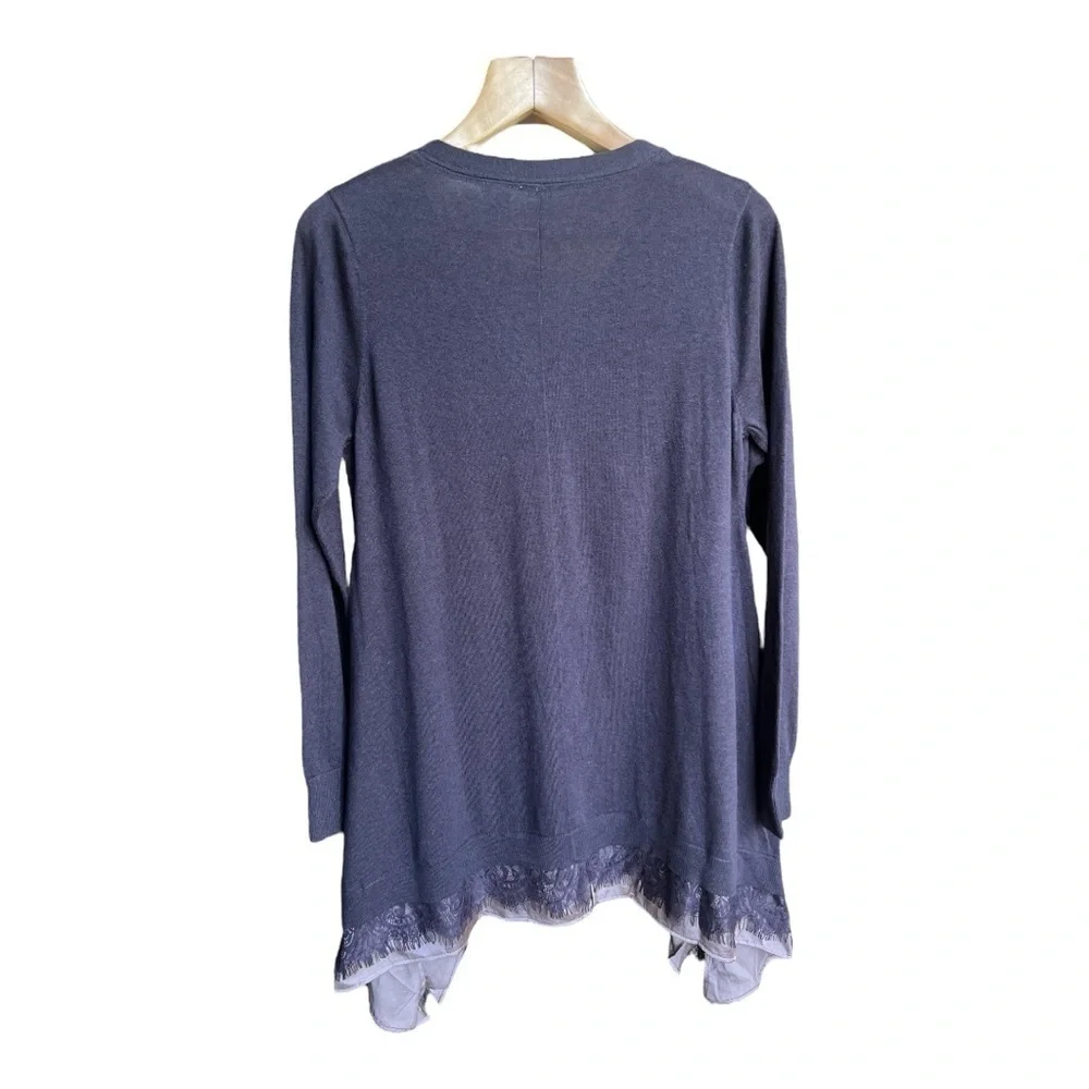 Tamsy Women’s Cashmere Cotton Navy Blue Lace Hem Tunic Cardigan Sweater, Small